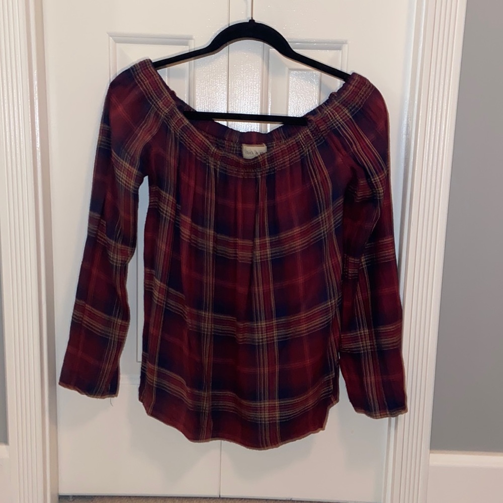 Off the shoulder burgundy plaid top by cloth and stone